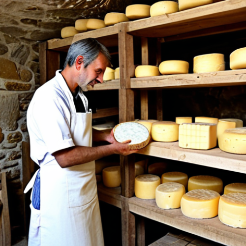 Home 19 A French artisanal cheesemaker in a modest smock and apron, fully clothed, meticulously turning a large wheel of traditional Comté cheese on a rustic wooden shelf inside a cool, stone-walled aging cellar in France. Soft, natural light illuminates the scene, highlighting the textures of the cheese and the dedicated hands of the artisan. The background features rows of various cheese wheels, evoking a sense of history and tradition. This image captures the essence of ancestral savoir-faire and authentic production. Perfect anatomy, correct proportions, natural pose, well-formed hands, proper finger count, natural body proportions, professional photography, high quality, safe for work, appropriate content, family-friendly, professional dress.