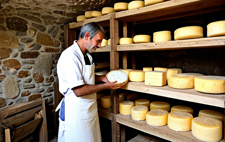 A French artisanal cheesemaker in a modest smock and apron, fully clothed, meticulously turning a large wheel of traditional Comté cheese on a rustic wooden shelf inside a cool, stone-walled aging cellar in France. Soft, natural light illuminates the scene, highlighting the textures of the cheese and the dedicated hands of the artisan. The background features rows of various cheese wheels, evoking a sense of history and tradition. This image captures the essence of ancestral savoir-faire and authentic production. Perfect anatomy, correct proportions, natural pose, well-formed hands, proper finger count, natural body proportions, professional photography, high quality, safe for work, appropriate content, family-friendly, professional dress.