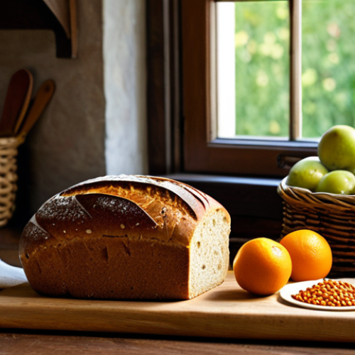 Home 18 **
"A rustic kitchen scene featuring a loaf of whole wheat bread on a wooden cutting board, a bowl of lentil soup, and fresh seasonal fruits in a woven basket. The setting evokes a traditional French countryside home with warm lighting and a focus on natural ingredients. safe for work, appropriate content, fully clothed, professional, modest, perfect anatomy, natural proportions, high quality food photography"
**