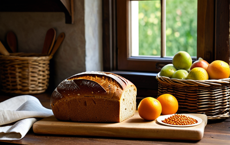 **
"A rustic kitchen scene featuring a loaf of whole wheat bread on a wooden cutting board, a bowl of lentil soup, and fresh seasonal fruits in a woven basket. The setting evokes a traditional French countryside home with warm lighting and a focus on natural ingredients. safe for work, appropriate content, fully clothed, professional, modest, perfect anatomy, natural proportions, high quality food photography"
**