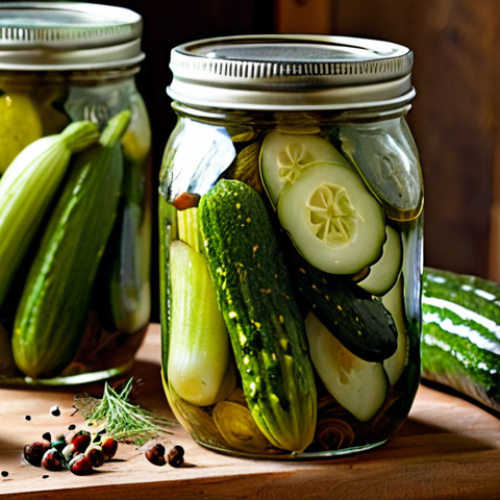 Home 17 Lacto-Fermented Pickles**
"Close-up shot of a glass jar filled with homemade lacto-fermented pickles, featuring garden cucumbers, garlic cloves, dill sprigs, and spices. Focus on the brine and bubbles of fermentation. Background is a rustic kitchen setting with canning jars and fresh produce. Safe for work, appropriate content, fully clothed, modest, professional photography, perfect anatomy (of the vegetables), correct proportions, well-formed pickles."
**