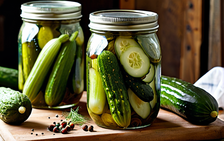 Lacto-Fermented Pickles**
"Close-up shot of a glass jar filled with homemade lacto-fermented pickles, featuring garden cucumbers, garlic cloves, dill sprigs, and spices. Focus on the brine and bubbles of fermentation. Background is a rustic kitchen setting with canning jars and fresh produce. Safe for work, appropriate content, fully clothed, modest, professional photography, perfect anatomy (of the vegetables), correct proportions, well-formed pickles."
**
