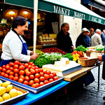 전통식품 구입처 - Traditional Market Scene**

"A bustling French market scene, overflowing with fresh produce, cheeses...