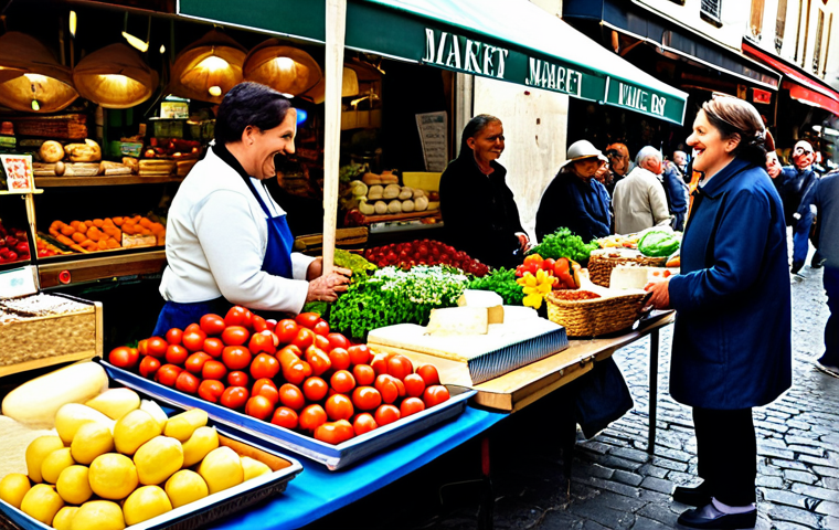 전통식품 구입처 - Traditional Market Scene**
"A bustling French market scene, overflowing with fresh produce, cheeses...