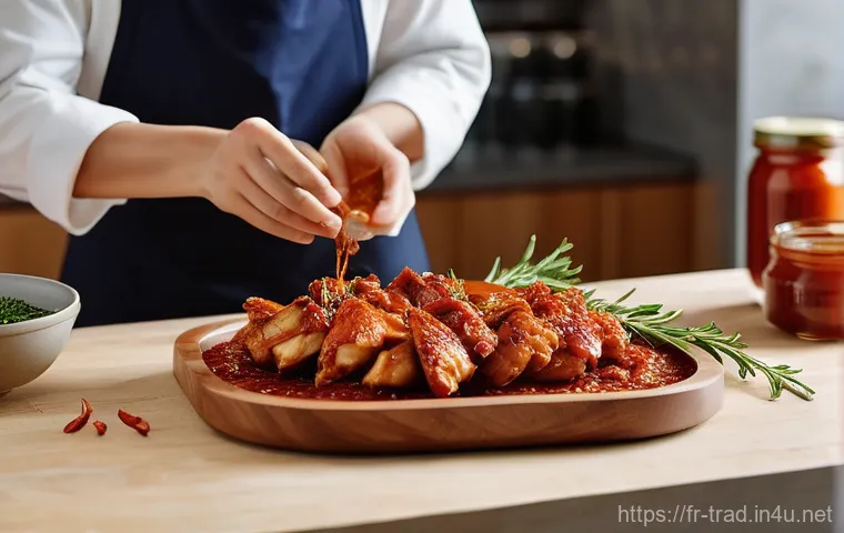 고추장의 종류와 특징 - **A traditional Korean village scene, bathed in warm, late afternoon sunlight, showcasing large, wea...