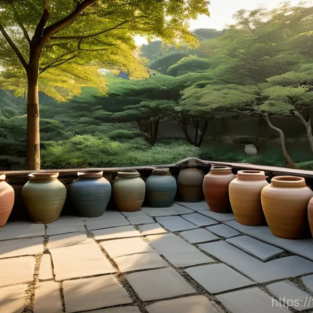 한국 전통 발효식품의 역사 - **Traditional Jangdokdae Garden bathed in golden hour light.**
    A serene and picturesque scene fe...