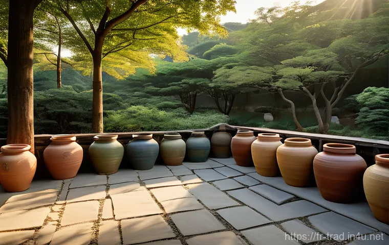한국 전통 발효식품의 역사 - **Traditional Jangdokdae Garden bathed in golden hour light.**
    A serene and picturesque scene fe...