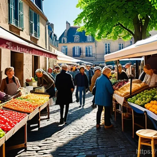 전통식품의 유통 경로 - A bustling, vibrant French farmer's market on a sunny morning. Stalls overflow with colorful, fresh ...