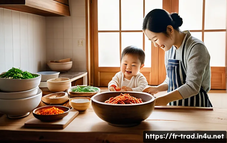 한식 재래식푸드 - **Prompt:** A heartwarming scene of a multi-generational Korean family in a sunlit, traditional Hano...