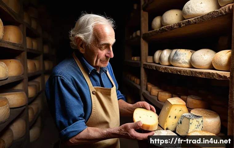 전통식품 브랜드 소개 - **Prompt:** A heartwarming scene of an elderly French cheesemaker, with kind eyes and weathered hand...