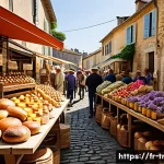 재래식푸드 가격대 - A rustic French countryside market scene in Provence, showcasing artisanal food stalls with a variet...