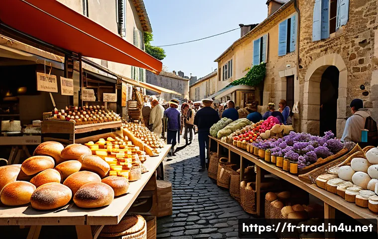 재래식푸드 가격대 - A rustic French countryside market scene in Provence, showcasing artisanal food stalls with a variet...
