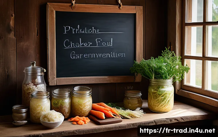 전통 발효식품의 효능과 장점 - A vibrant artisanal kitchen scene in a cozy French farmhouse, featuring a rustic wooden table covere...