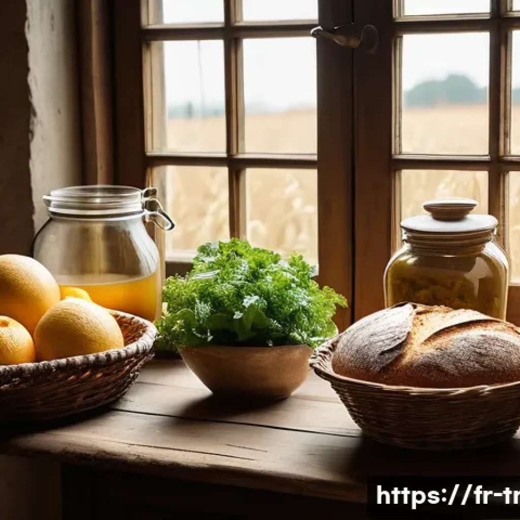 재래식푸드의 장점 - A rustic French farmhouse kitchen scene featuring a wooden table laden with artisanal traditional fo...