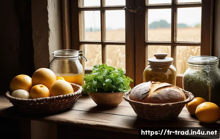 재래식푸드의 장점 - A rustic French farmhouse kitchen scene featuring a wooden table laden with artisanal traditional fo...
