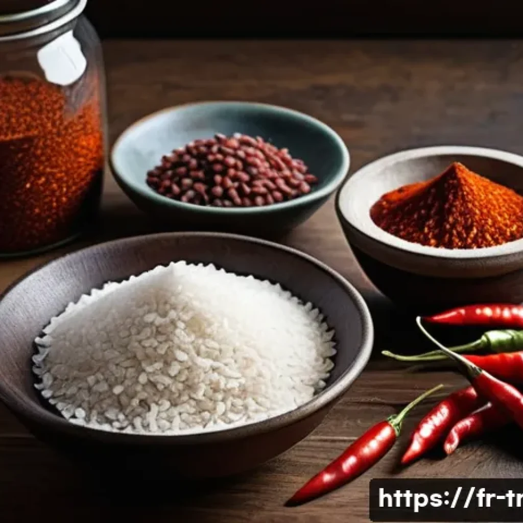 고추장 만들기 - A close-up, high-resolution image of a rustic kitchen countertop displaying essential ingredients fo...