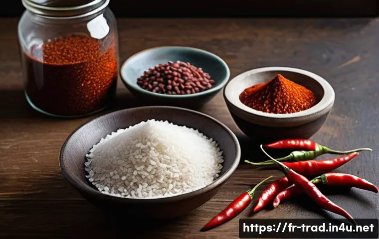 고추장 만들기 - A close-up, high-resolution image of a rustic kitchen countertop displaying essential ingredients fo...