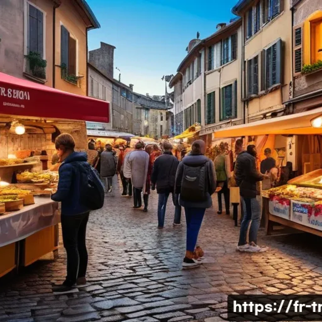 전통 음식의 글로벌화 - A vibrant, bustling international food market scene in a European city square, showcasing diverse st...