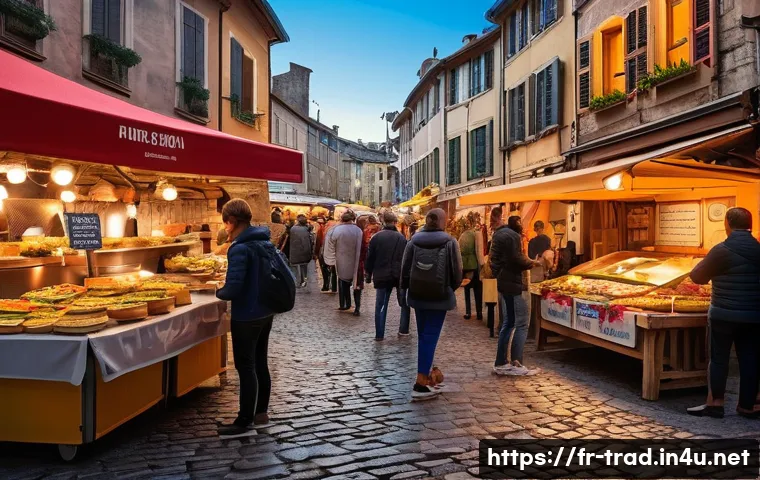 전통 음식의 글로벌화 - A vibrant, bustling international food market scene in a European city square, showcasing diverse st...