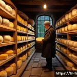 Home 22 전통식품의 발효 기간 - A rustic artisan cheese aging cellar with wooden shelves lined with various soft cheeses in differen...