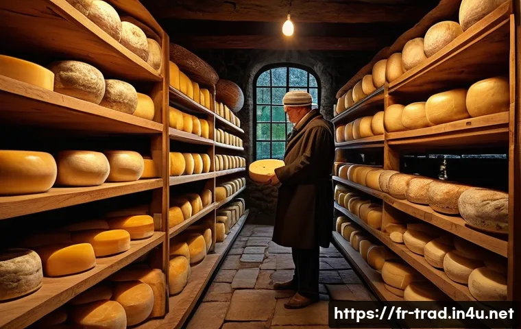 전통식품의 발효 기간 - A rustic artisan cheese aging cellar with wooden shelves lined with various soft cheeses in differen...