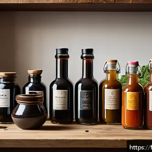 Home 33 장류 제품별 칼로리 차이 - A vibrant kitchen scene showcasing a variety of fermented sauces such as soy sauce, miso paste, tama...