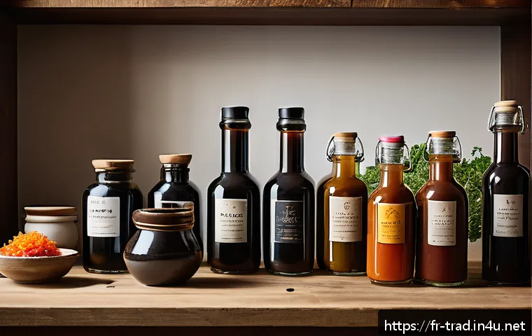 장류 제품별 칼로리 차이 - A vibrant kitchen scene showcasing a variety of fermented sauces such as soy sauce, miso paste, tama...
