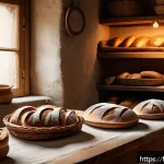 Home 20 재래식푸드 브랜드 - A rustic French artisan bakery scene showcasing a wooden table filled with a variety of traditional ...