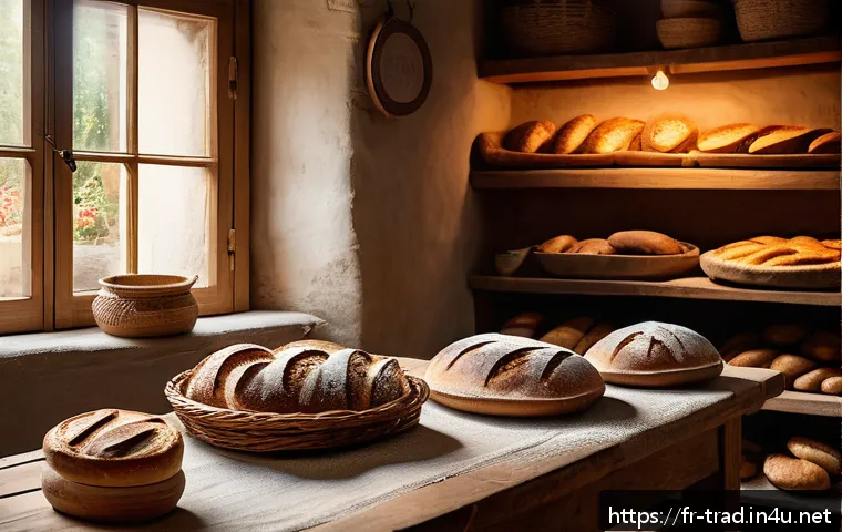 재래식푸드 브랜드 - A rustic French artisan bakery scene showcasing a wooden table filled with a variety of traditional ...