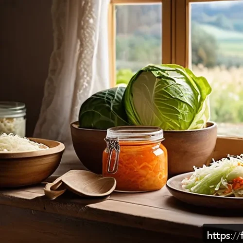 Home 31 전통 발효식품의 소비 트렌드 - A vibrant French kitchen scene featuring a rustic wooden table filled with assorted traditional ferm...