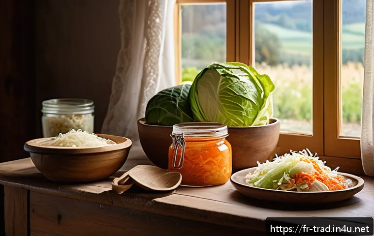 전통 발효식품의 소비 트렌드 - A vibrant French kitchen scene featuring a rustic wooden table filled with assorted traditional ferm...