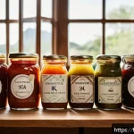 Home 18 한국 전통 장류 - A rustic French kitchen scene featuring artisanal fermented sauces displayed on a wooden table with ...