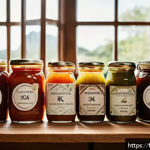 Home 30 한국 전통 장류 - A rustic French kitchen scene featuring artisanal fermented sauces displayed on a wooden table with ...