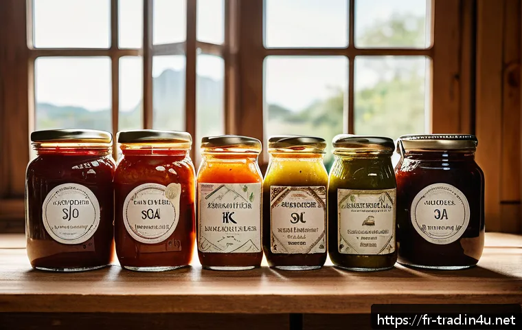 한국 전통 장류 - A rustic French kitchen scene featuring artisanal fermented sauces displayed on a wooden table with ...