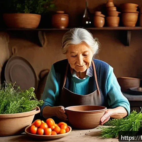Home 17 국산 재래식푸드의 장점 - A rustic French kitchen scene featuring an elderly woman lovingly preparing a traditional slow-cooke...