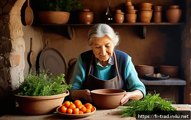 국산 재래식푸드의 장점 - A rustic French kitchen scene featuring an elderly woman lovingly preparing a traditional slow-cooke...