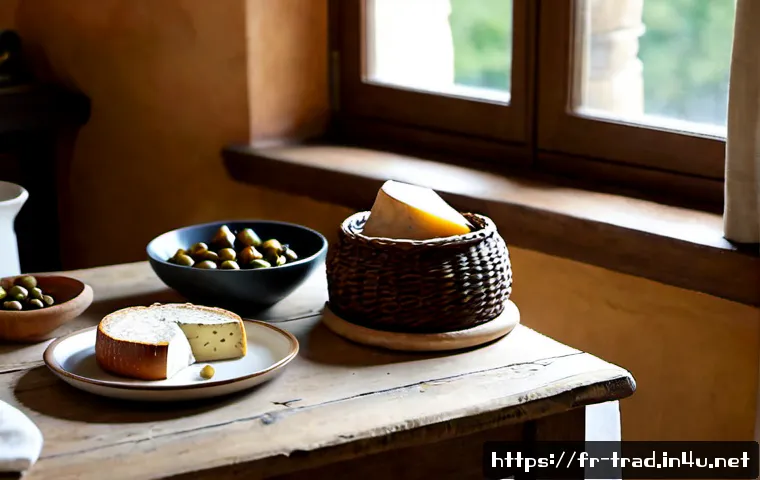 전통식품 - Photorealistic rustic French farmhouse kitchen table with traditional foods: a round wheel of artisa...